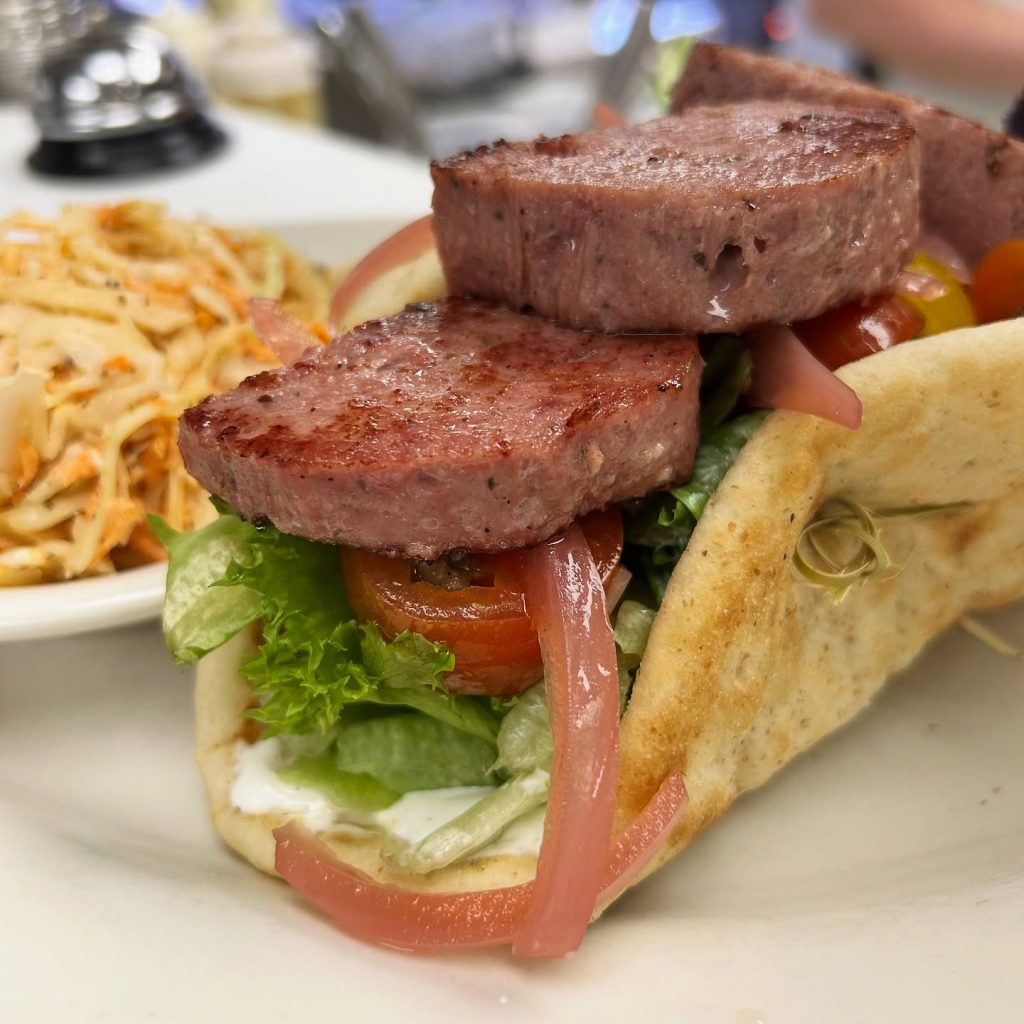 Pita sandwich filled with grilled meat, lettuce, and tomato beside slaw
